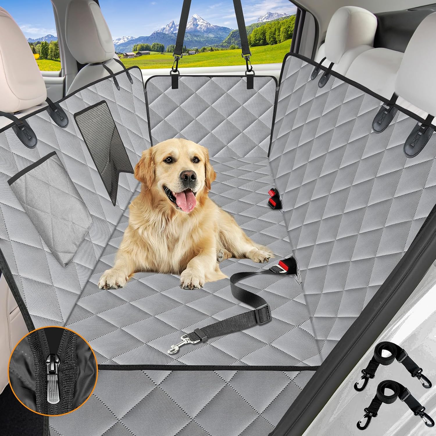 Dog Car Seat Cover for Back Seat, Waterproof Dog Car Hammock with Mesh Window, Anti-Scratch Nonslip Durable Soft Pet Dog Seat Cover for Cars Trucks and SUV Gray